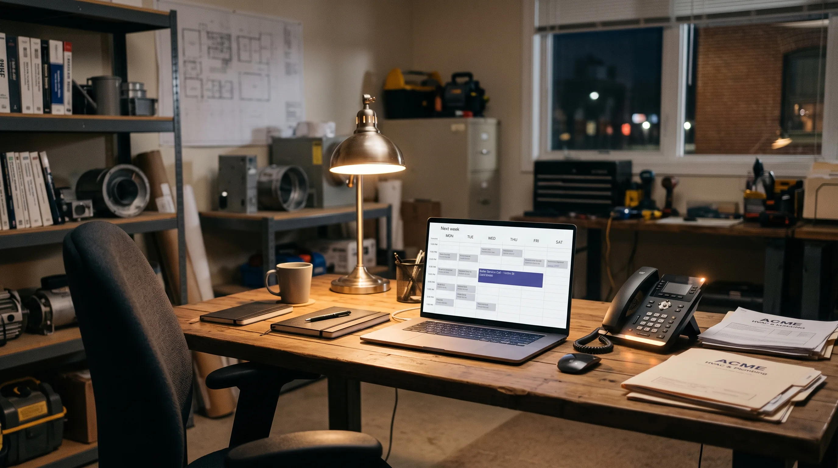 After-hours trade office with an AI receptionist booking a new job on the calendar