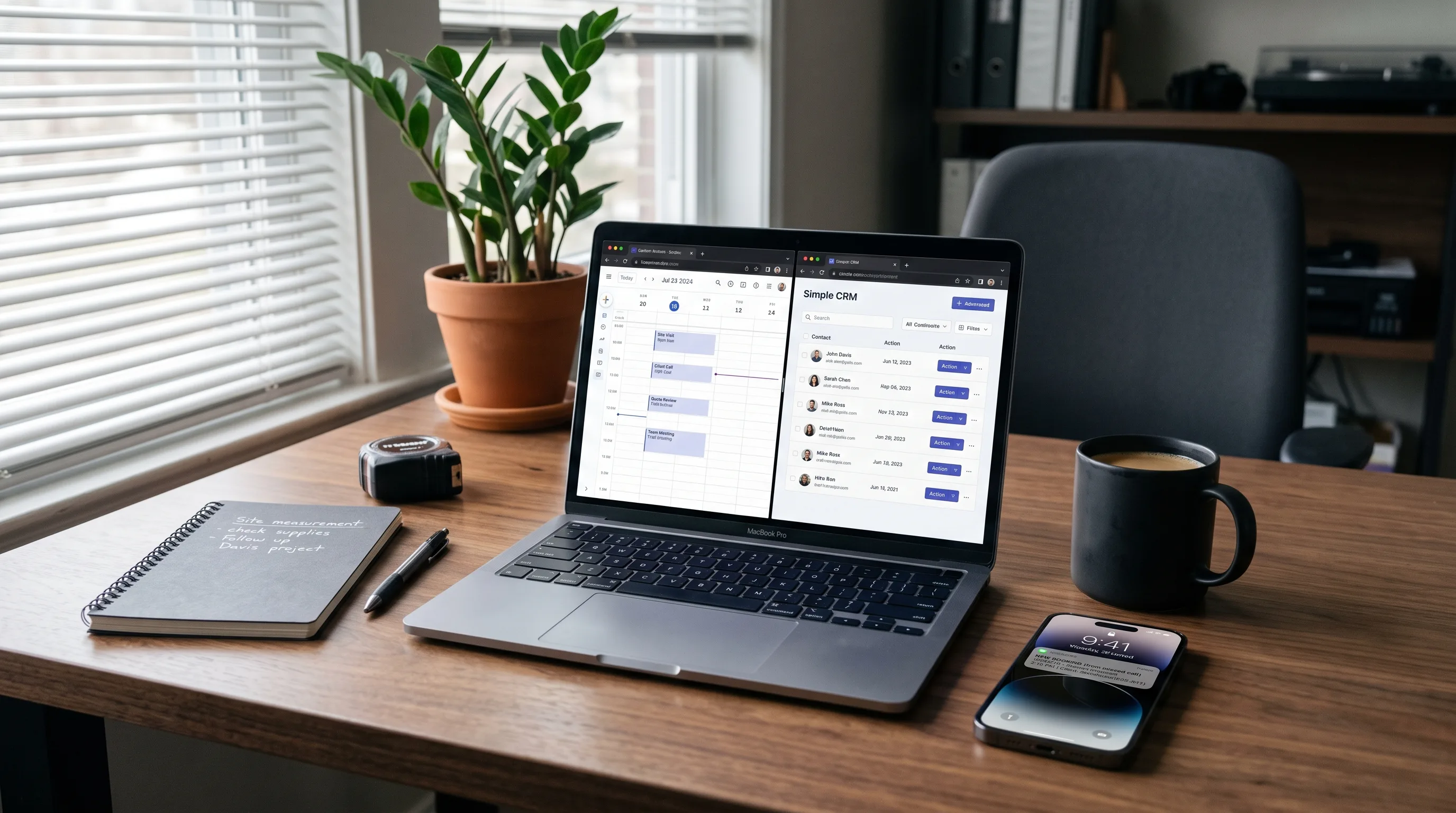 Contractor desk with calendar appointments and CRM contacts synced from answered calls